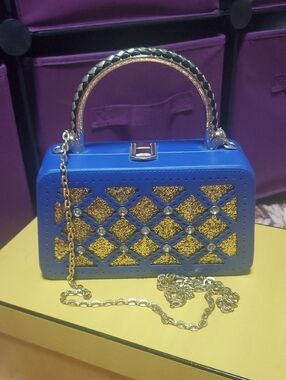 Blue and Gold Glitter Box Handbag with Chain Strap